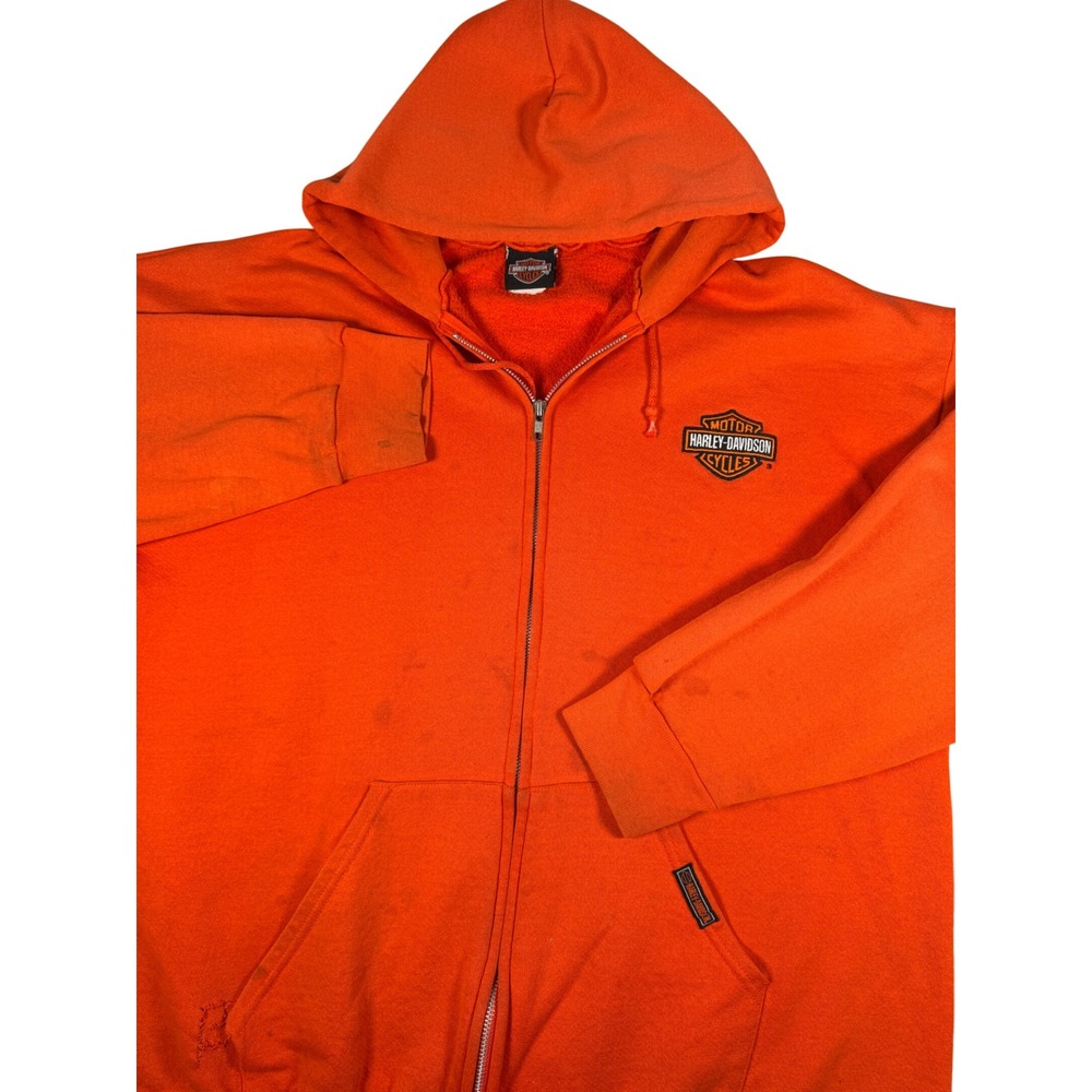 Harley-Davidson Mens Orange Full Zip Hoodie Embroidered Fleece Lined Thrashed